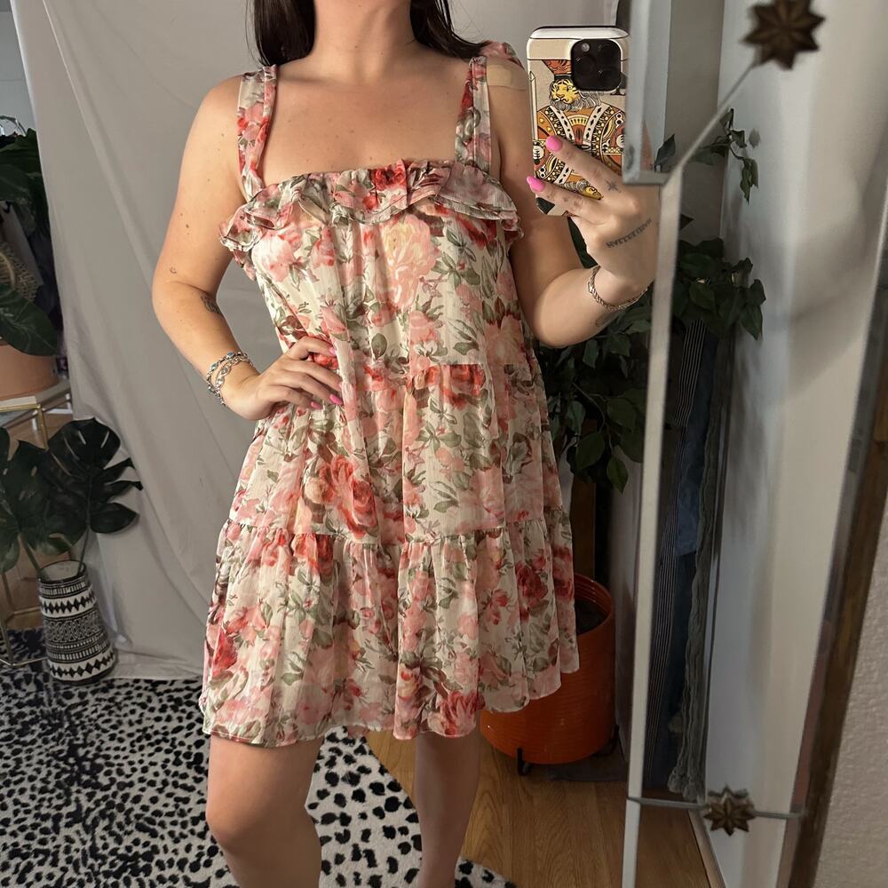 Floral Tiered Babydoll Flounce Hem Mini Dress Pink Size Medium